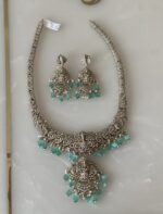 antique silver lakshmi temple necklace set with aqua green beads