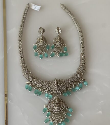 antique silver lakshmi temple necklace set with aqua green beads