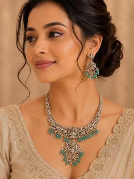 antique silver lakshmi temple necklace set with aqua green beads