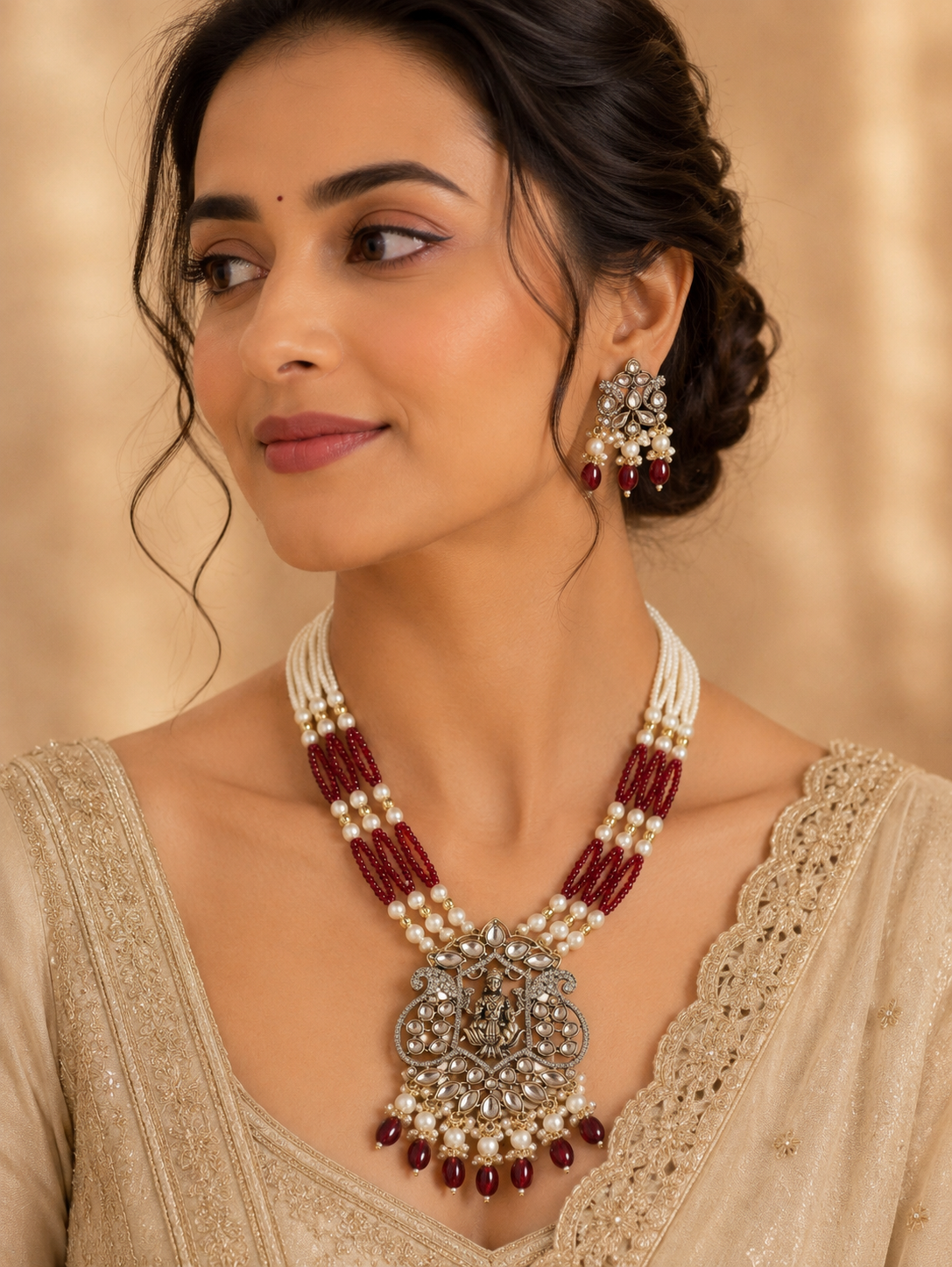 laxmi pendent with red n white beads laxmi pendent with red n white beads